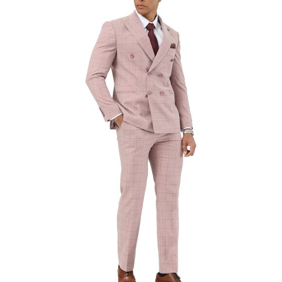 Pink Windowpane Peak Lapel Double Breasted Stacy Adams Men's Suit - Picture 1 of 4